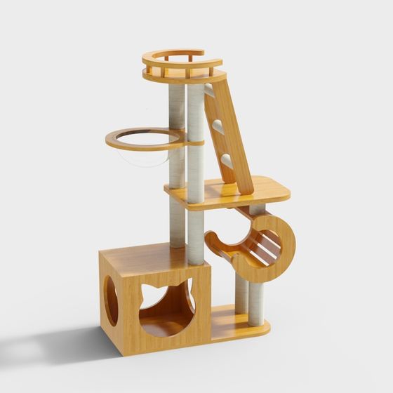 Modern light wood cat tree with sisal posts and clear bowl on white background