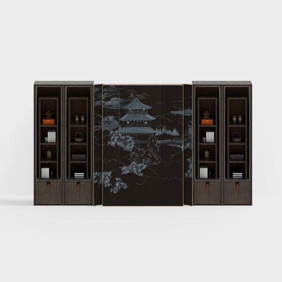 Neo-Chinese Background Wall 3D Model in Black Color