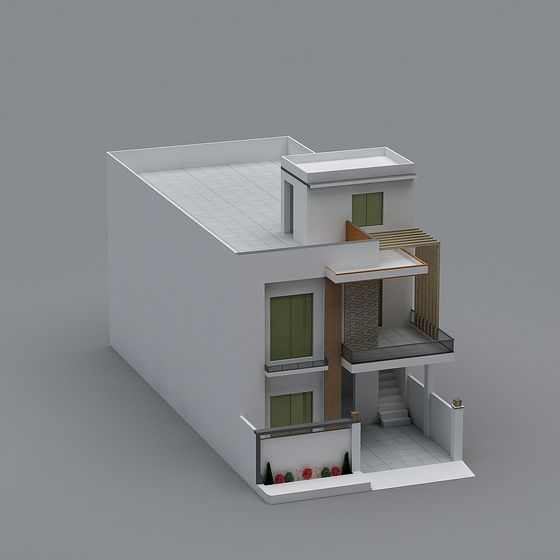Minimalist Architectural 3D model with Green Accents