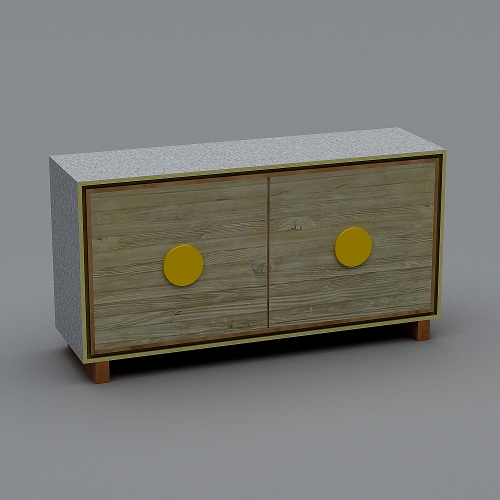 Modern light wood cabinet with yellow round handles and grey top on grey background