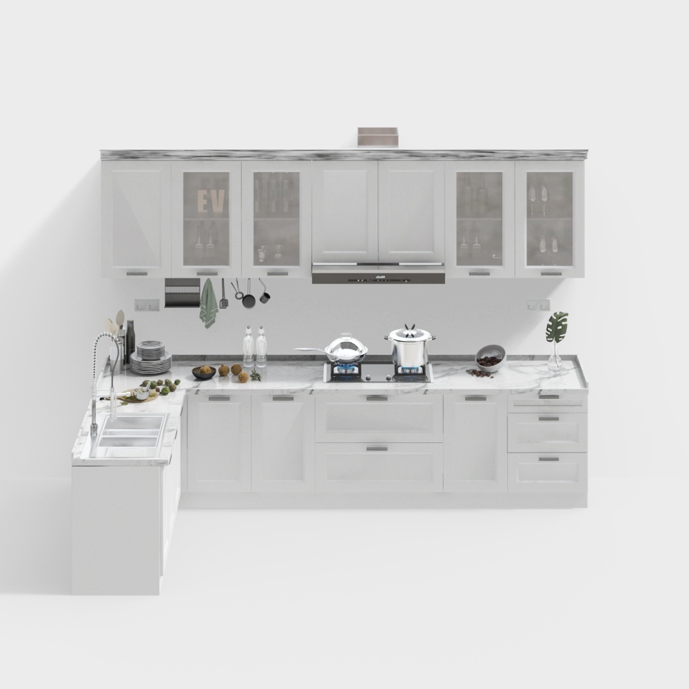 Modern Minimalist Kitchen 3D Model – Marble & Glass Design