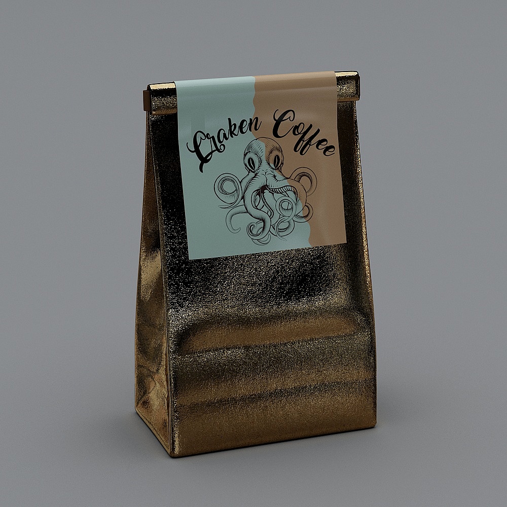 Shiny gold coffee bag with blue label and octopus logo on grey background
