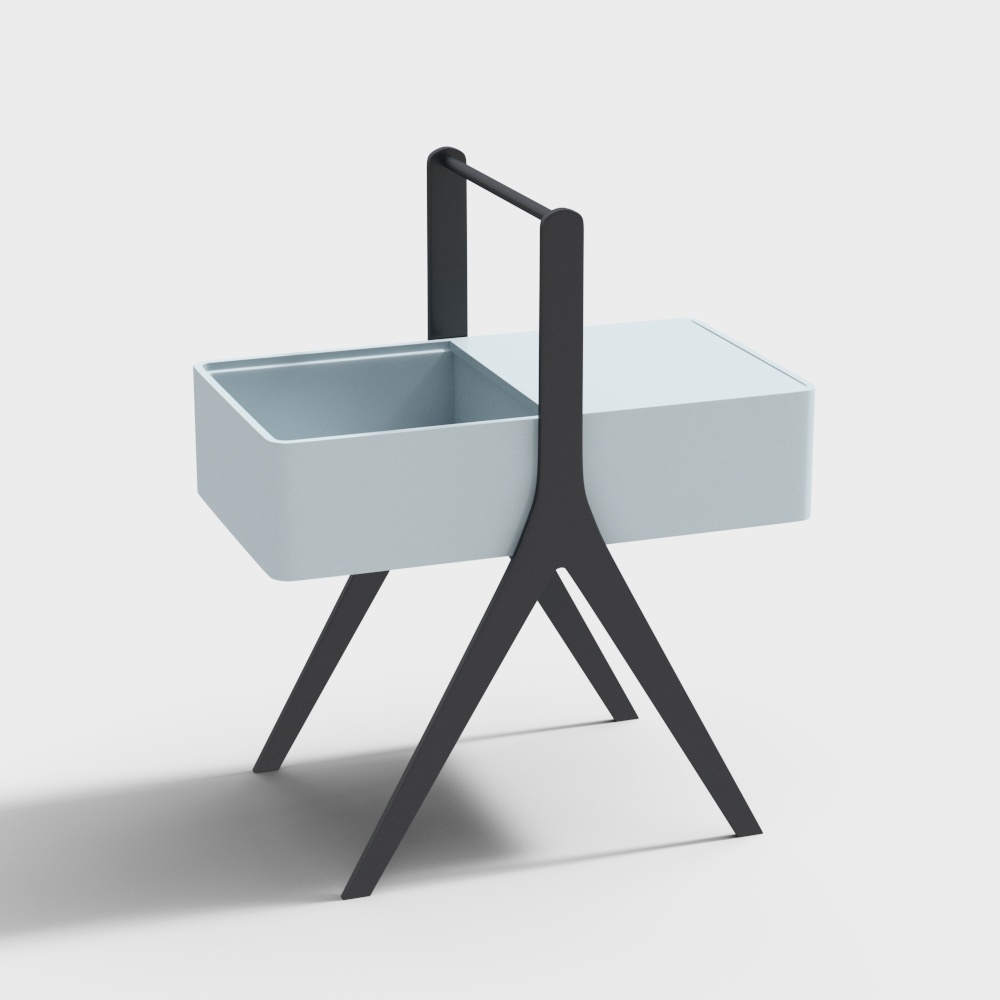 Modern light blue side table with black metal frame and handle on white background
