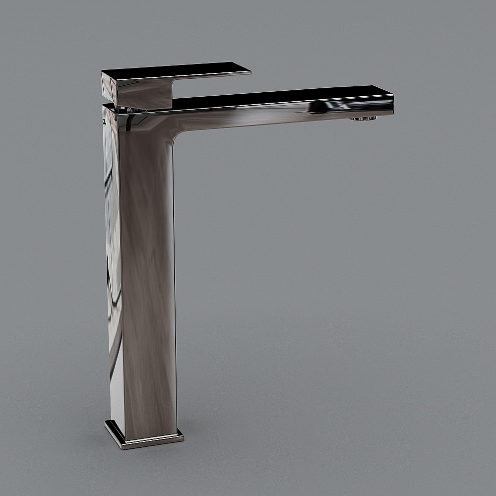 Modern tall chrome bathroom sink faucet with flat handle and square spout on grey background