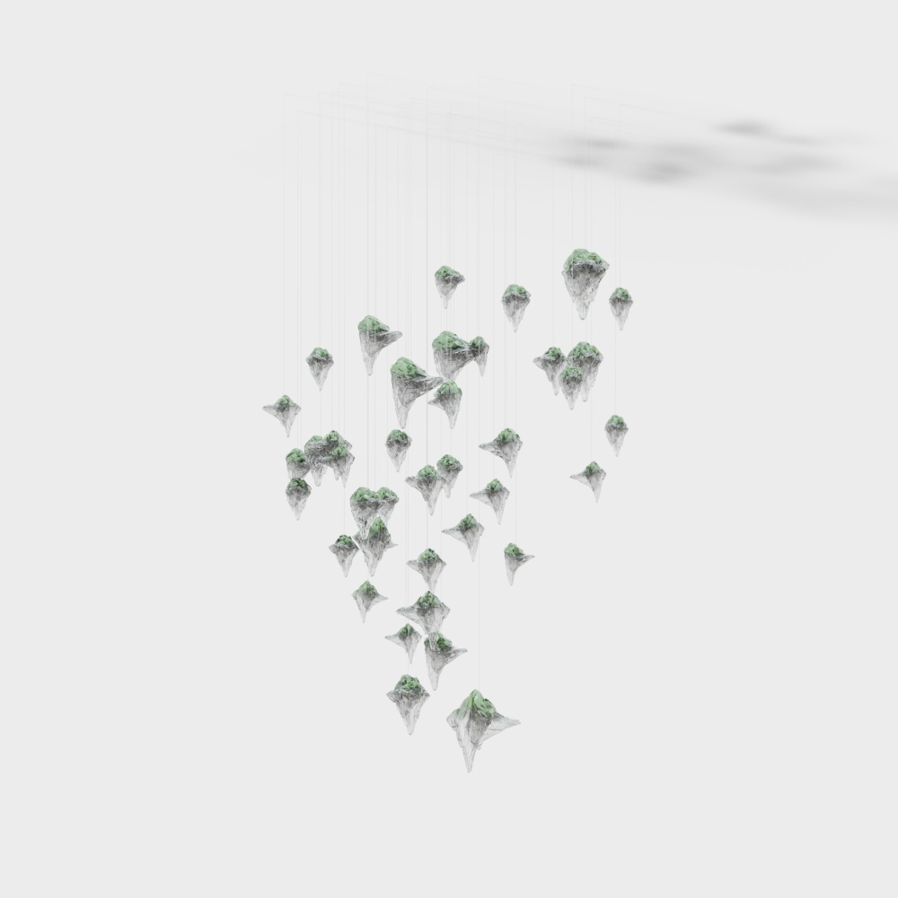 Modern hanging ceiling light with green and grey glass shapes on white background
