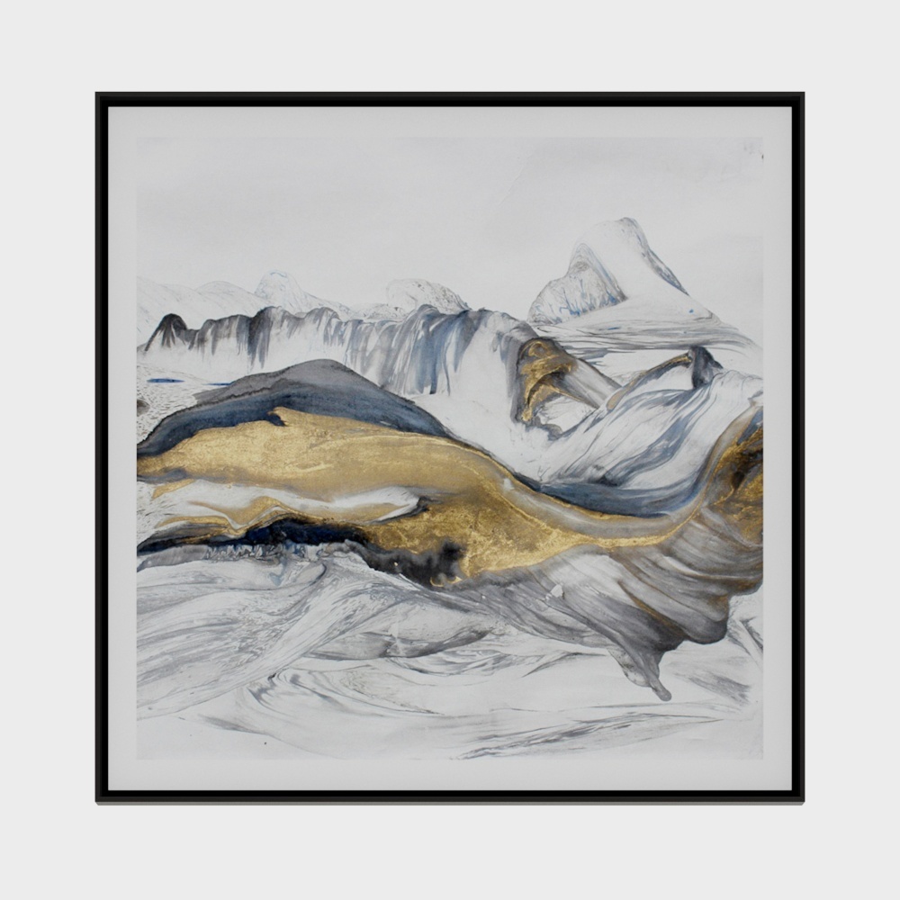 Square framed abstract landscape art with blue grey and gold flowing shapes on white background