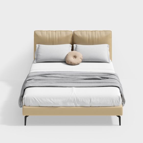 Modern beige leather bed with white pillows and grey throw blanket on white background