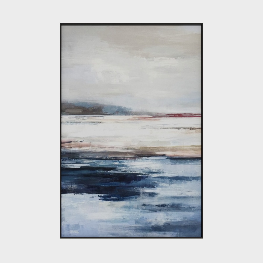 Abstract landscape painting with blue water and grey sky in black frame on white background