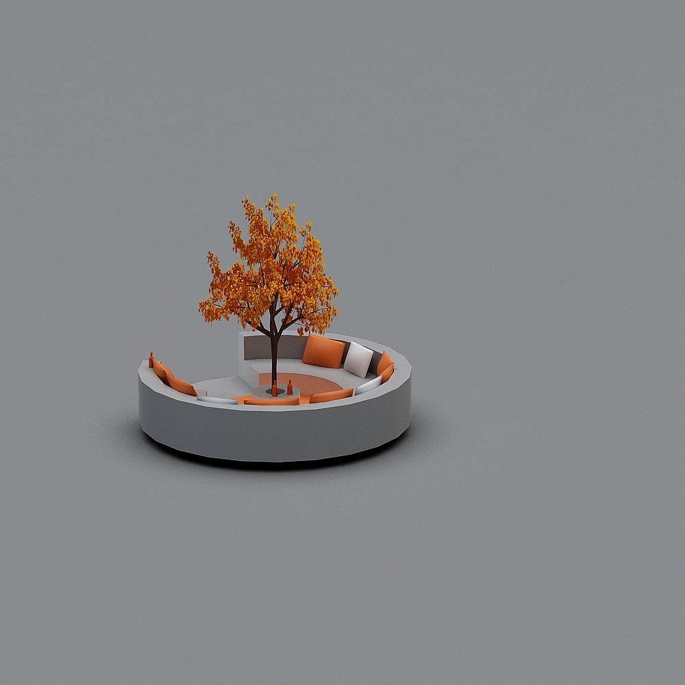 Modern curved grey sofa with orange cushions and tree on grey background