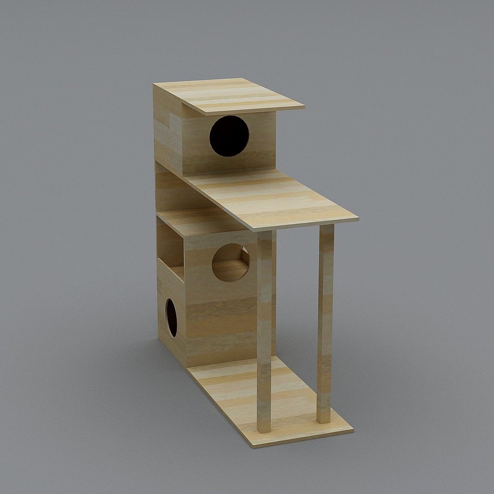 Modern light wood cat tree house with three round holes and platform on grey background