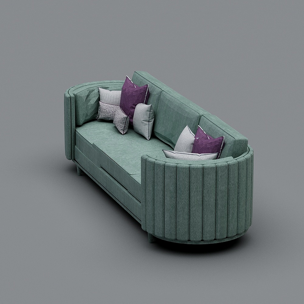 Modern curved green fabric sofa with purple pillows and fluted sides on grey background