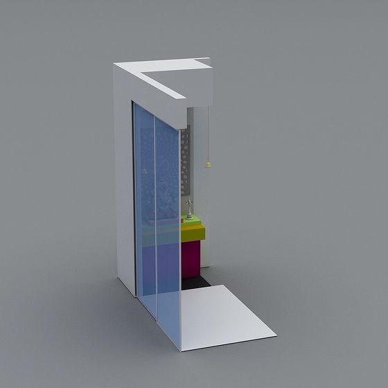 Modern white home shrine with blue glass doors and colorful shelves on grey background