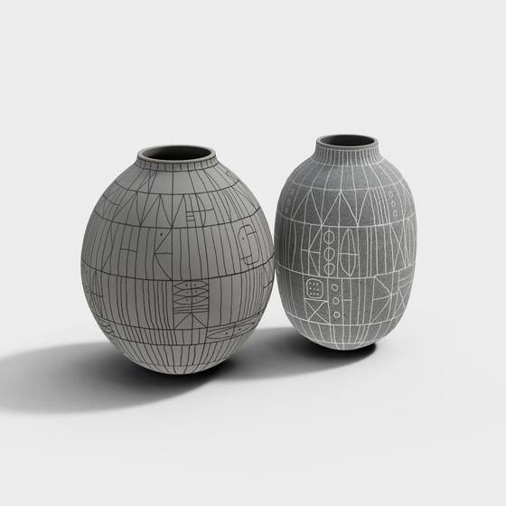 Gray Ceramic Jar Combination 3D Model