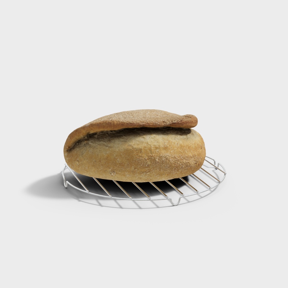 Realistic 3D model of a golden brown bread loaf on metal rack on white background