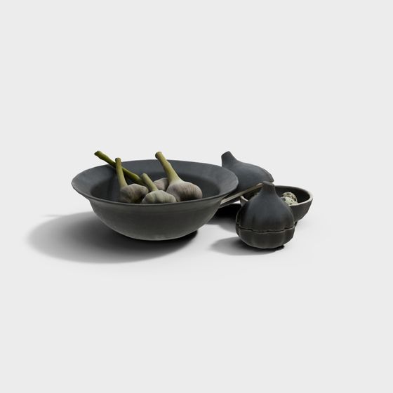 Dark grey ceramic bowls with garlic and quail eggs on white background