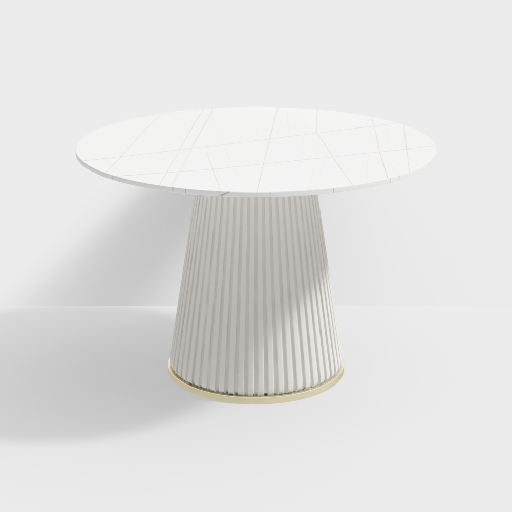 Modern round dining table with white marble top and ribbed base on grey background