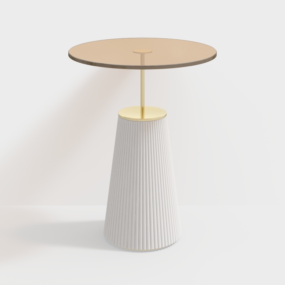 Modern round side table with glass top and white fluted base on white background
