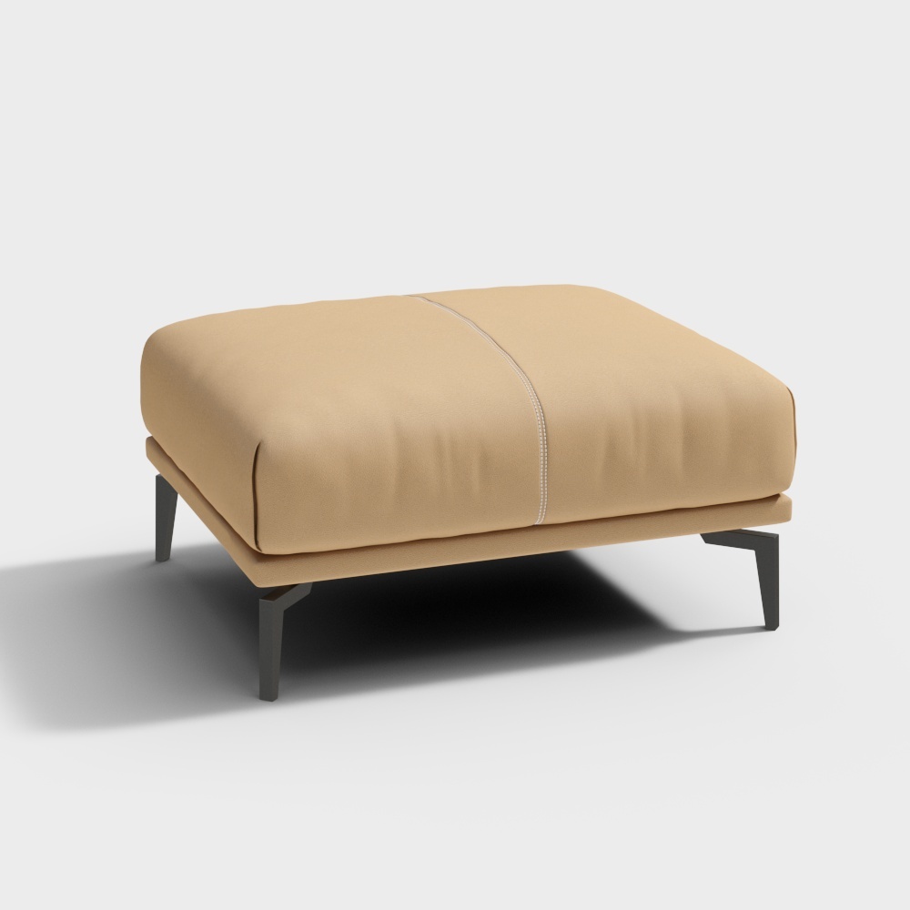 Modern beige fabric footrest with black metal legs and center seam on white background
