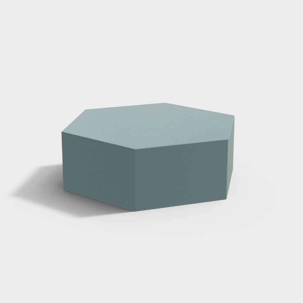Modern hexagonal blue geometric coffee table with matte finish on white background