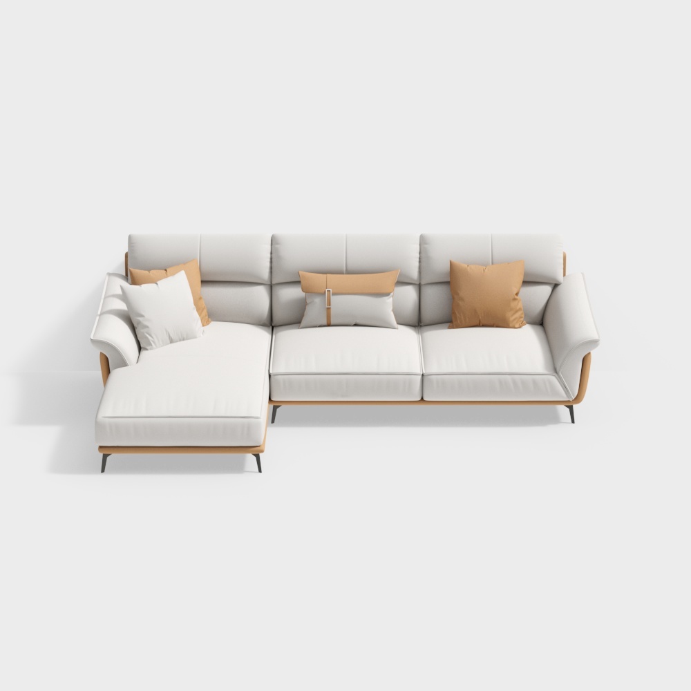 Modern white leather sectional sofa with wooden frame and beige pillows on grey background