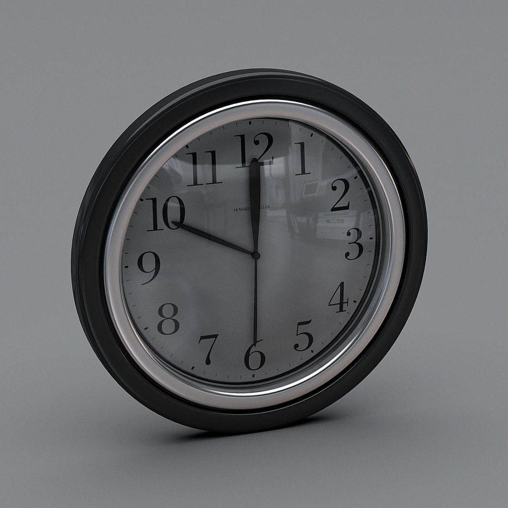 Black round wall clock with silver trim and white face on grey background