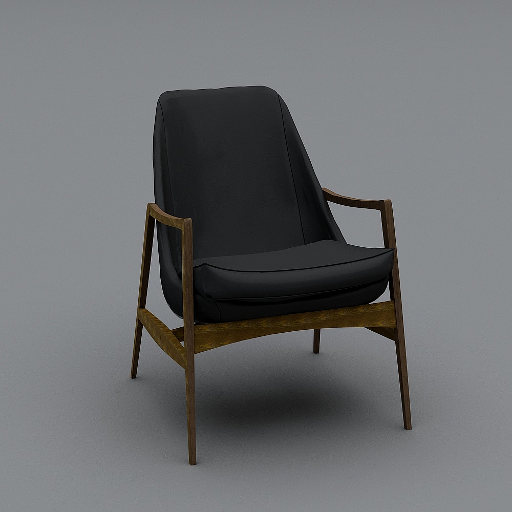 Modern black leather armchair with dark wood frame on grey background