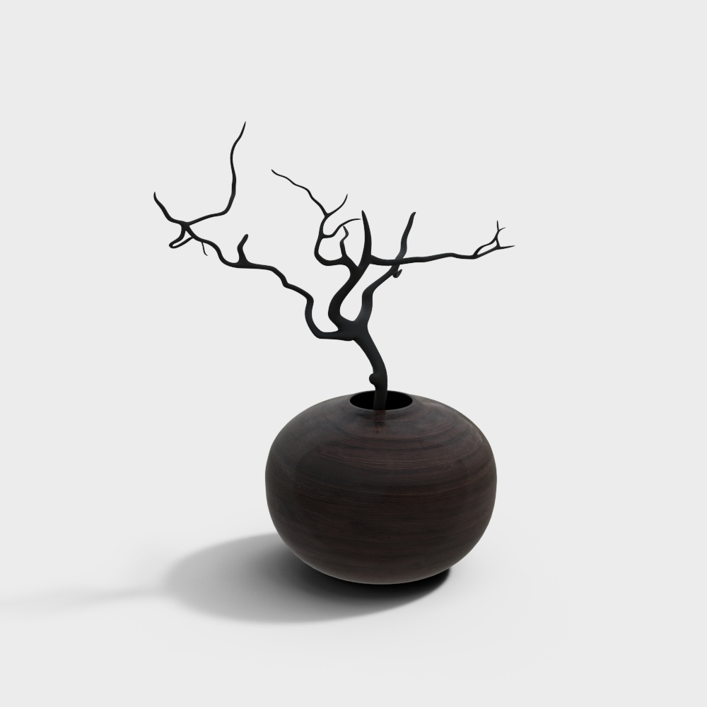 Modern dark brown round vase with twisted black branch decoration on white background