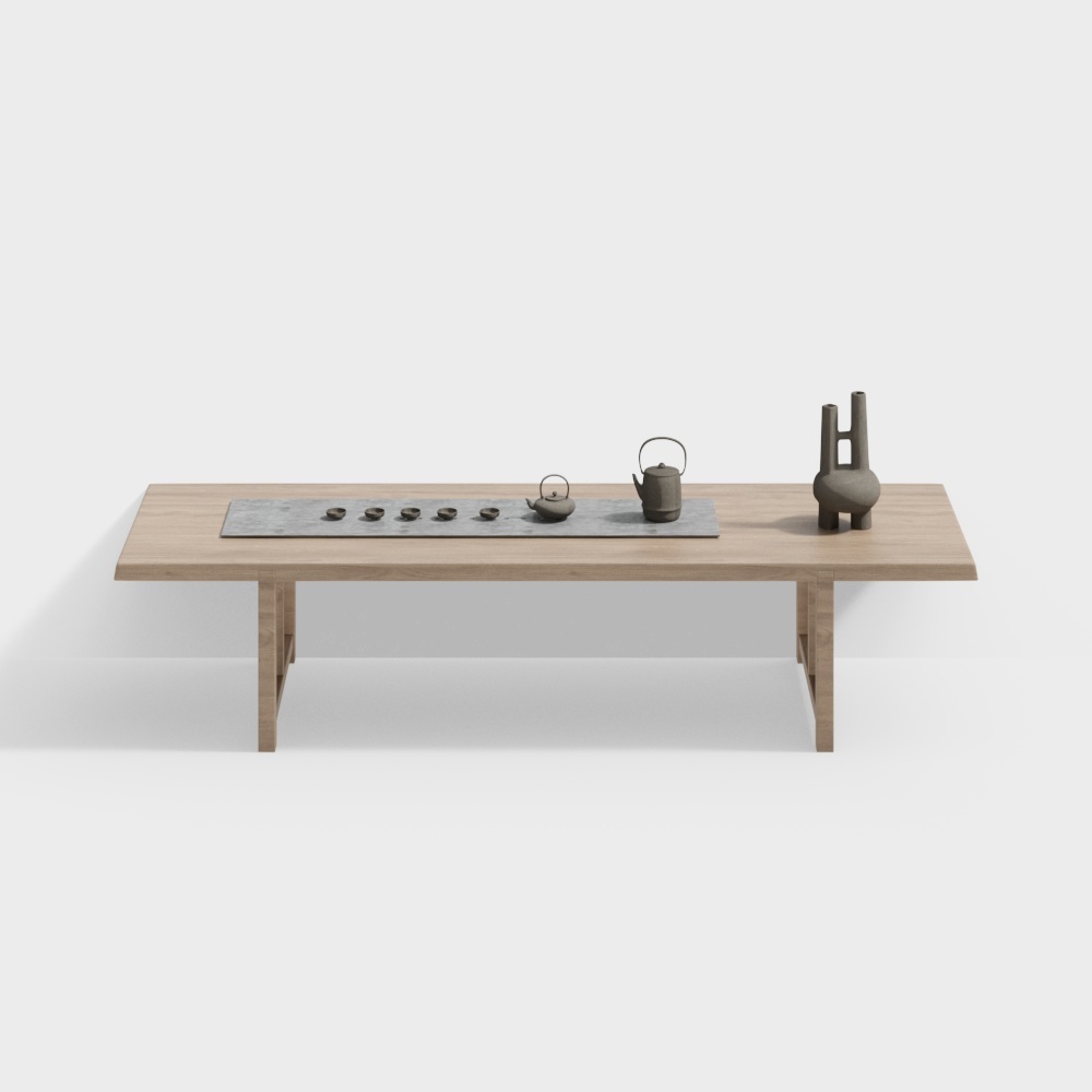 Zen-Inspired Tea Table 3D Model – Natural Wood & Stone