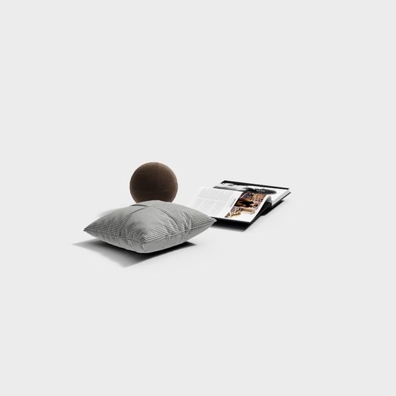 Modern grey checkered floor cushion with brown round footrest and open magazine on white background