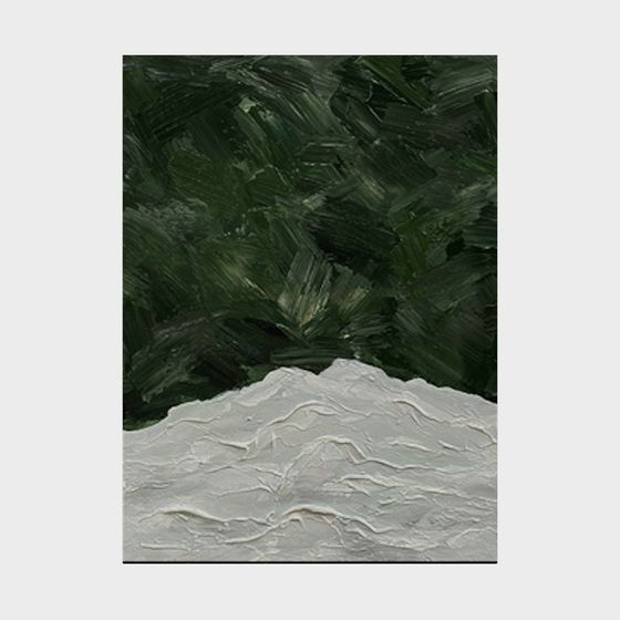 Abstract wall art with dark green and white textured paint on grey background