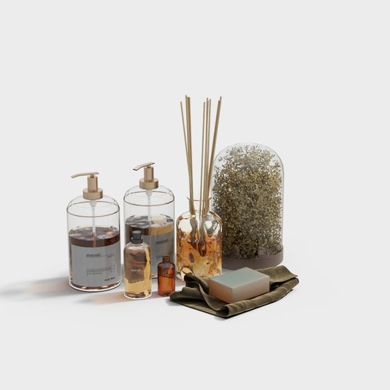 Elegant Low-Polygon 3D Model of Glass Bottles and Accessories