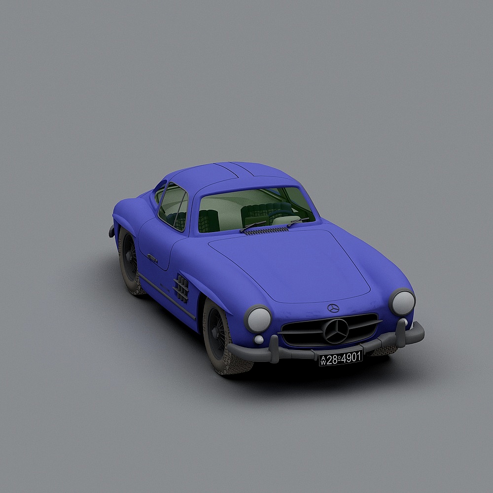 Classic blue sports car with silver grille and round headlights on grey background