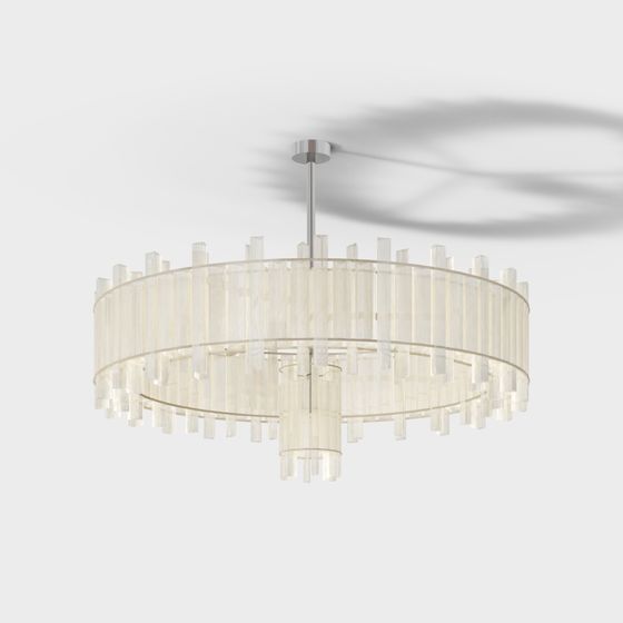 Modern round ceiling light with clear glass tubes and silver rod on white background