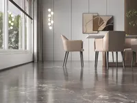 Modern dining room with marble floor, beige chairs, stone table, wall art, and large windows