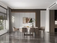 Spacious dining room with marble table, brown chairs, wood wall panels, and large glass windows