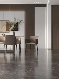 Dining area close up with brown chairs dark marble floor wall art and wooden panels