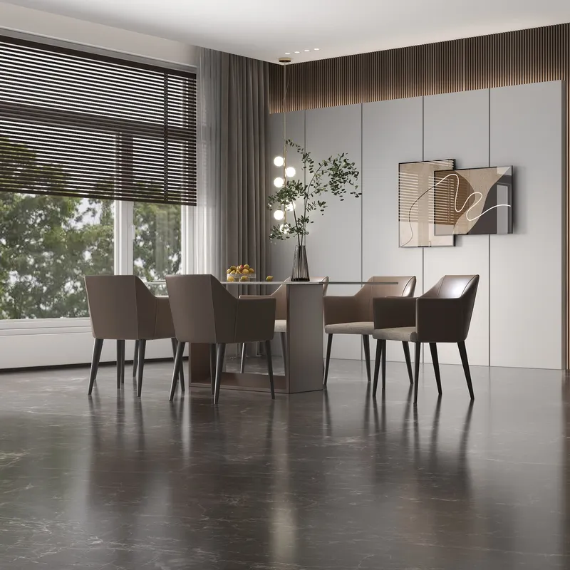 Modern dining room with brown chairs, glass table, marble floor, wall art, and ceiling light