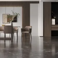 Modern dining area with brown chairs, marble table, wood wall panel, and dark marble floor