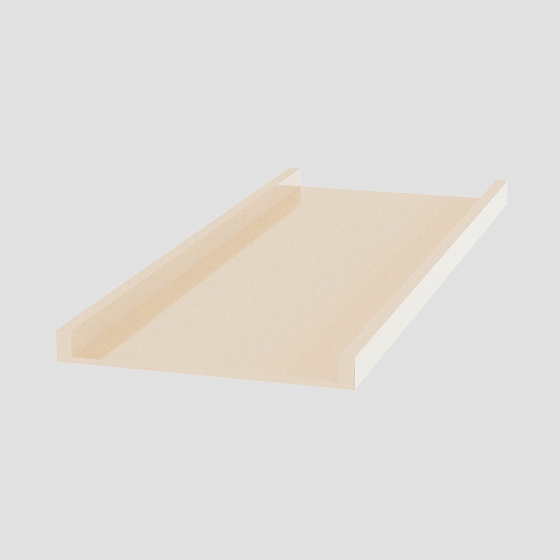 Light beige wooden tray with raised edges and simple design on grey background