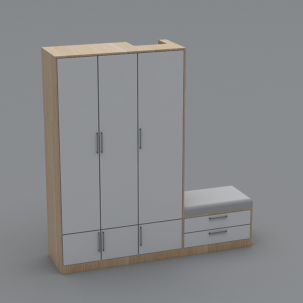 Modern white and wood wardrobe with seat bench drawers and silver handles on grey background