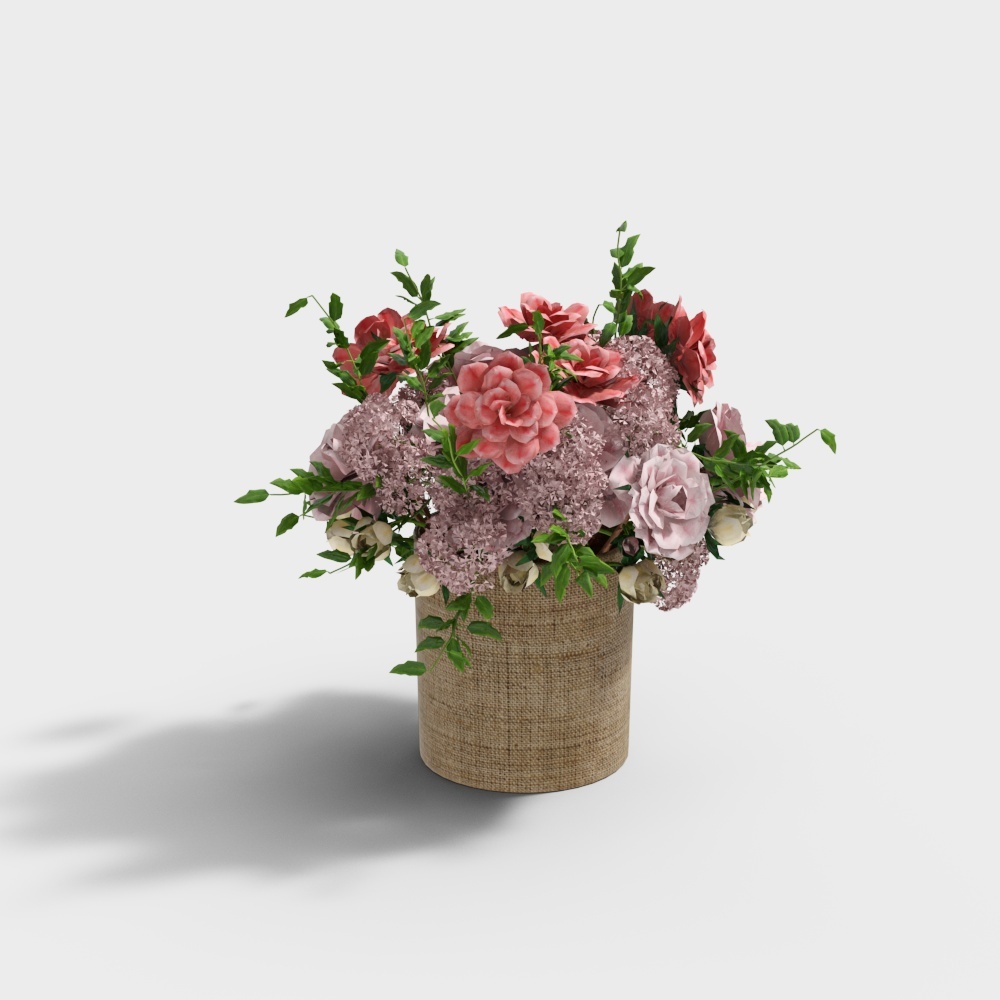 Country Flower Basket 3D Model – Low-Poly Floral Design