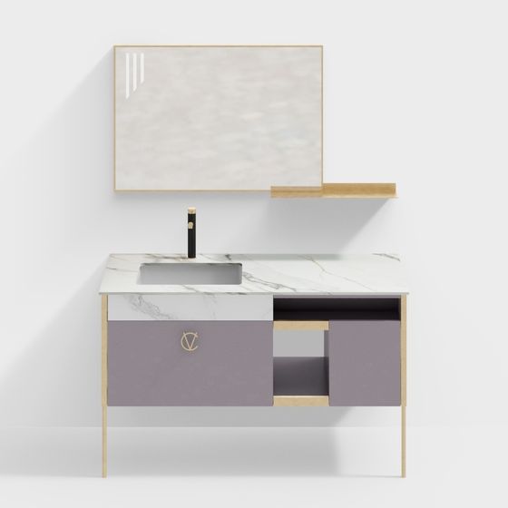 Modern bathroom vanity with white marble top and purple doors on white background