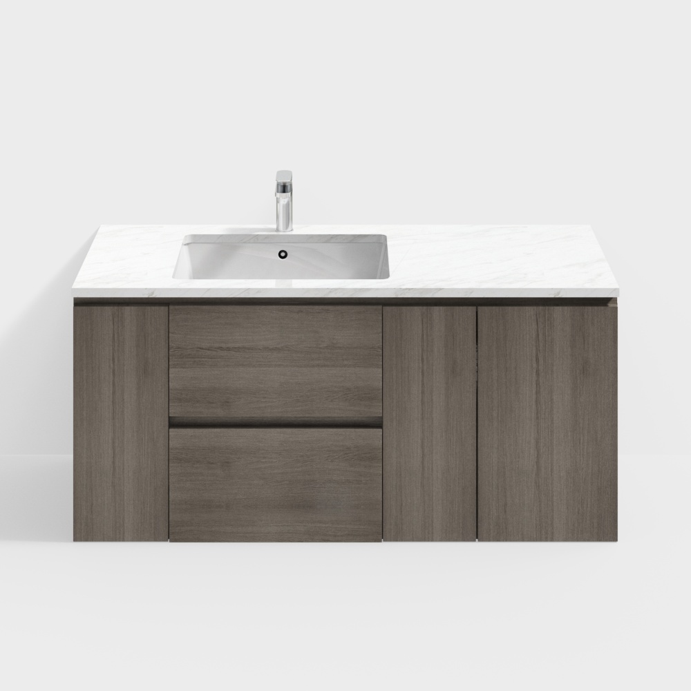 Modern grey wood vanity with white marble top and chrome faucet on white background