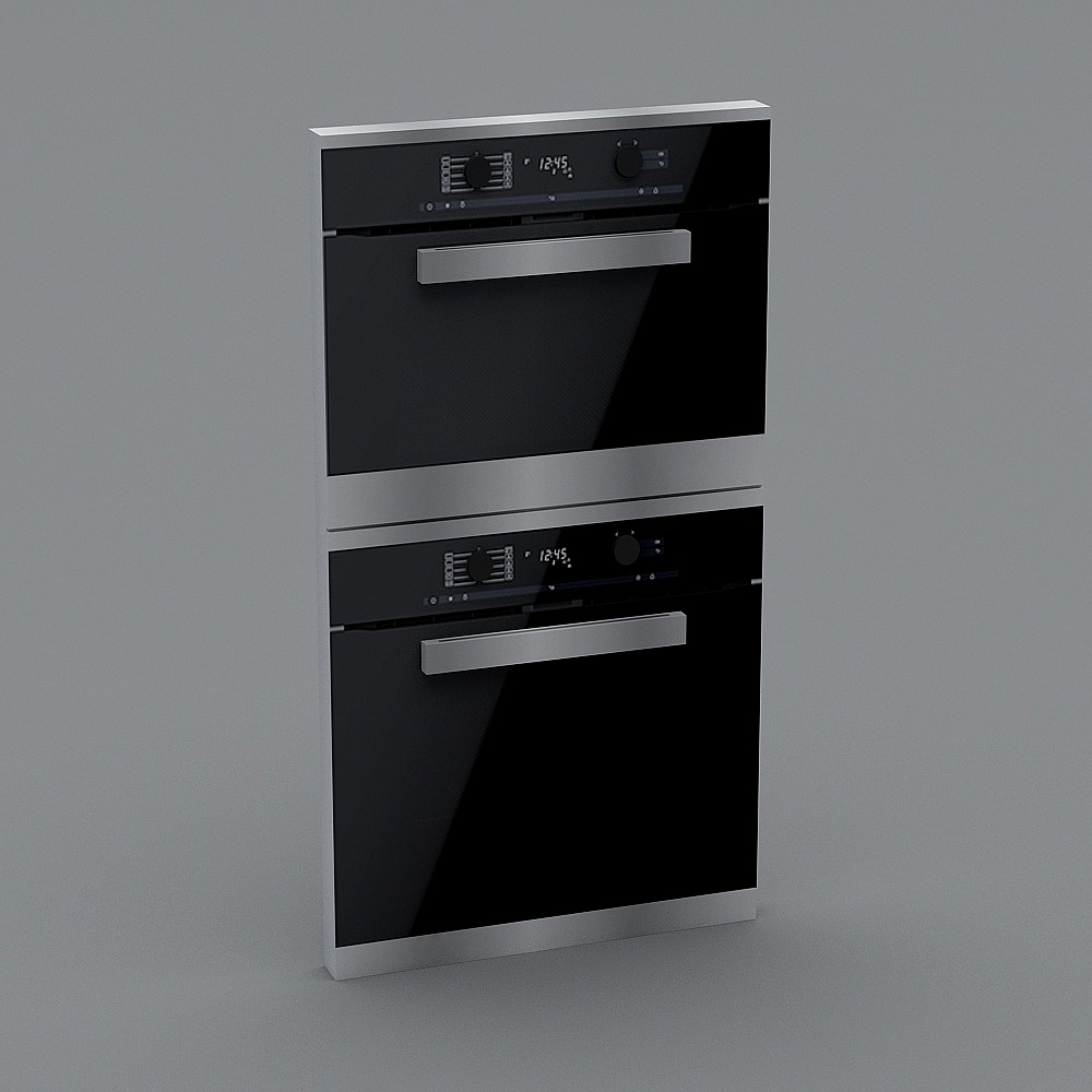 Modern double wall oven with black glass doors and silver handles on grey background