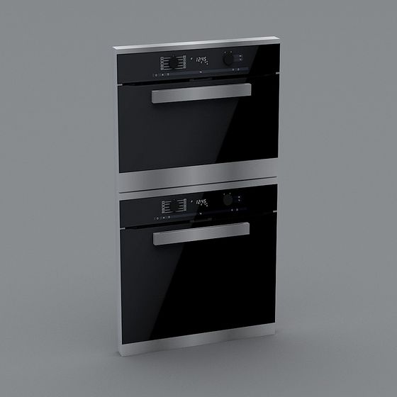 Modern double wall oven with black glass doors and silver handles on grey background