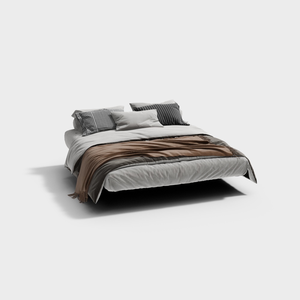 Modern grey fabric bed with white sheets and brown throw blanket on white background