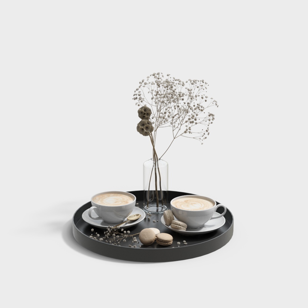 White dried flowers coffee round tray combination