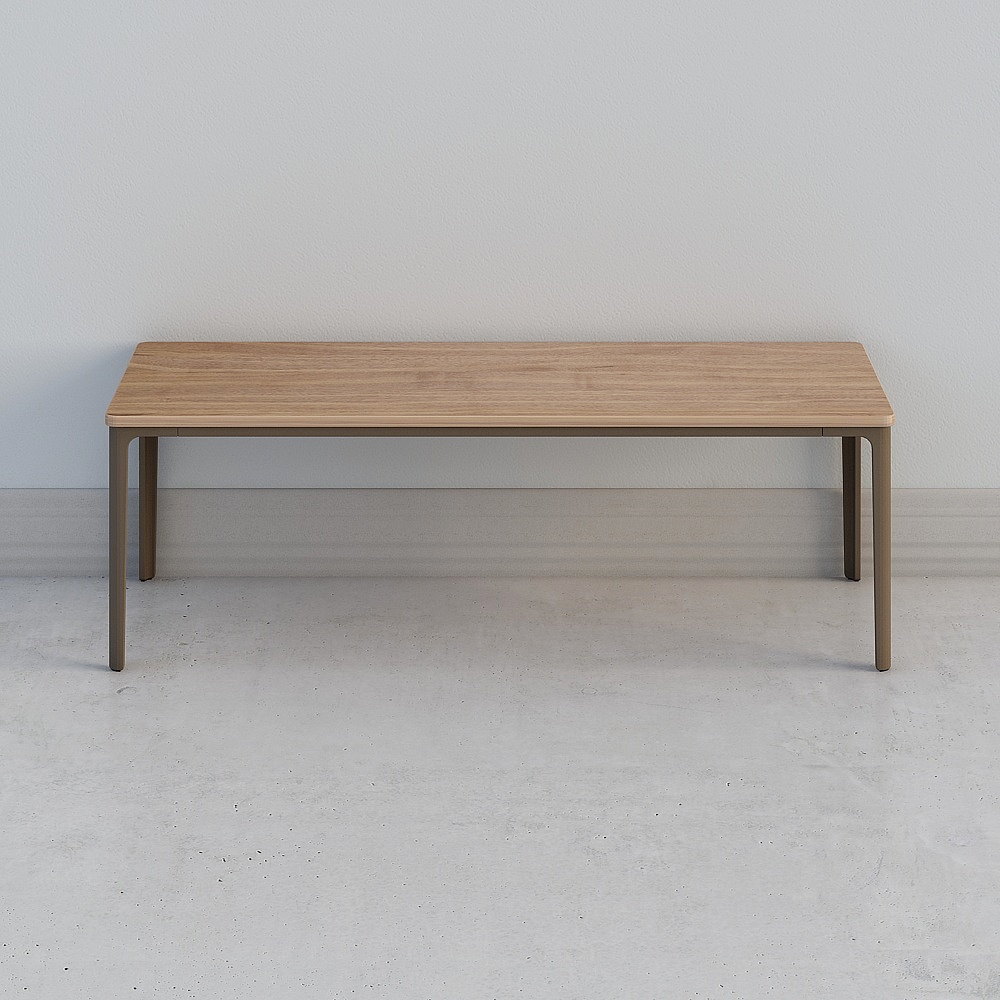 Modern rectangular wooden table with light oak top and grey legs on white background