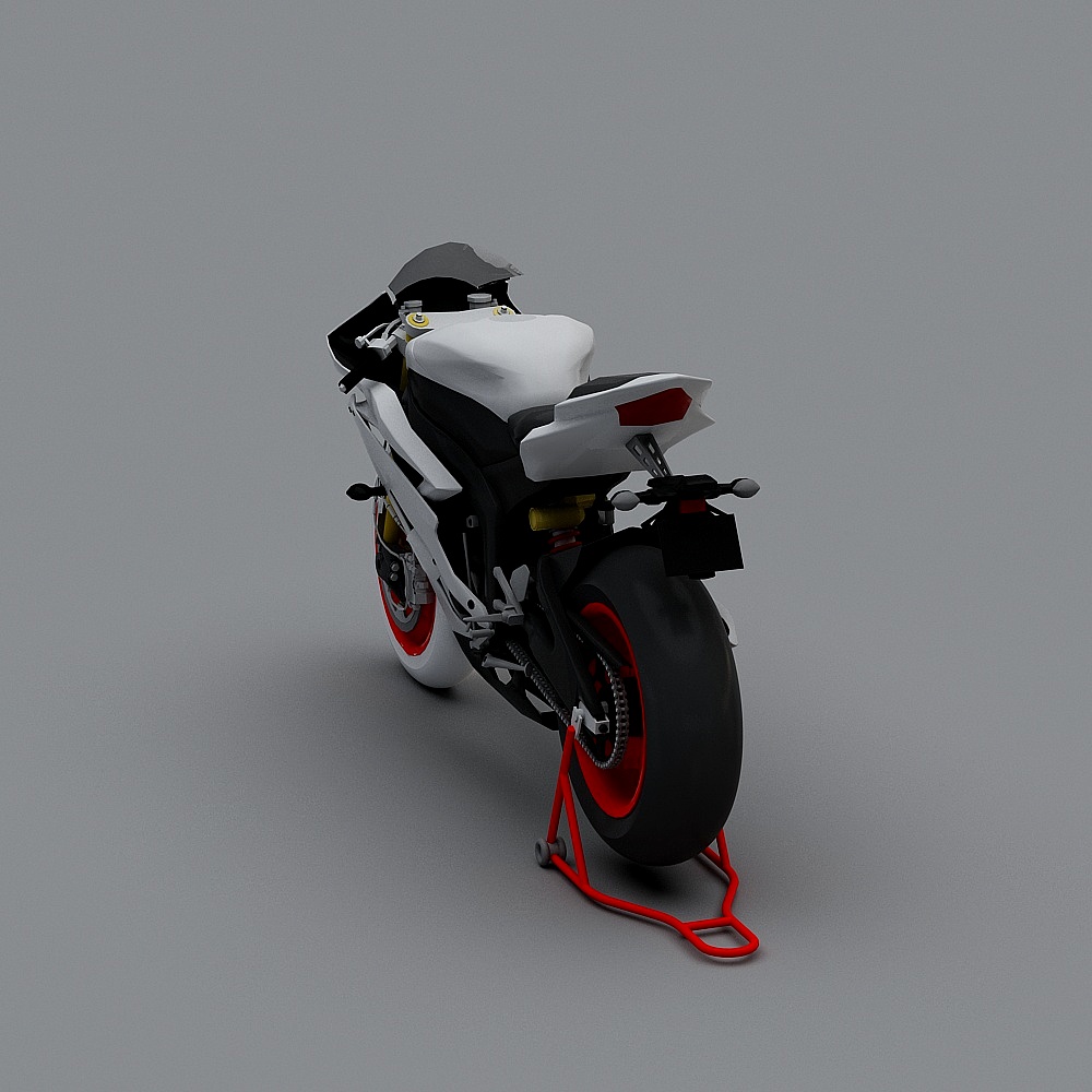 Modern white sport motorcycle with red wheels and stand on grey background
