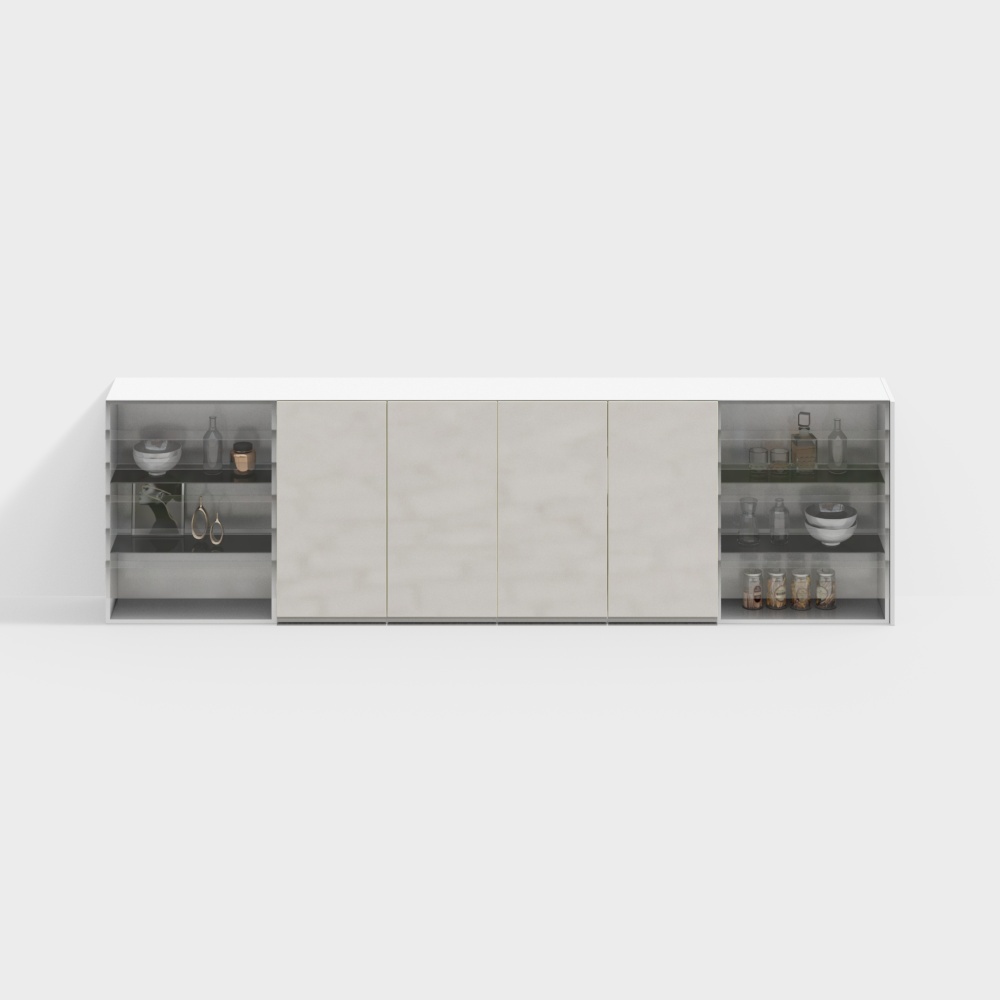 Modern white kitchen cabinet with glass shelves and closed doors on white background